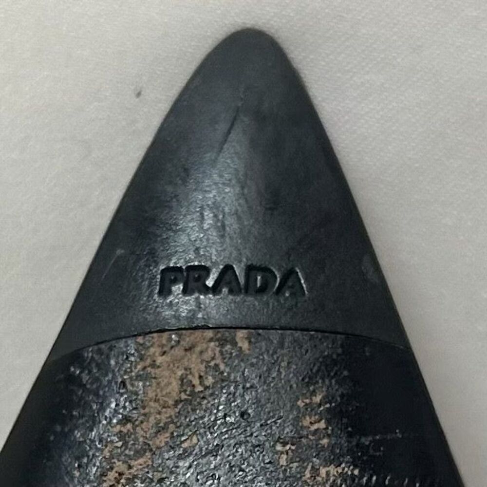Prada Wingtip Brogue Pumps Heels Black Taupe Leather Pointed Toe Womens 38.5 - Picture 11 of 11